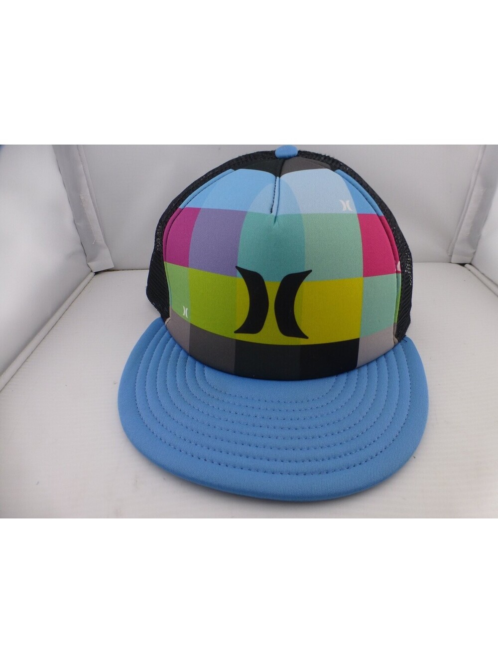 Hurley Trucker Hat Cap Multicolor Plaid Blue Brim Black Mesh Snapback F5